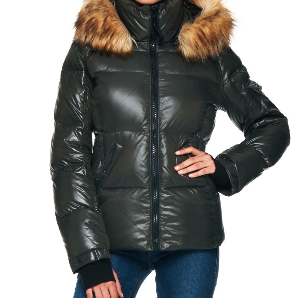 S13 New York Jacket Women’s Large Gloss Kylie Down Black Puffer Faux Fur Coat